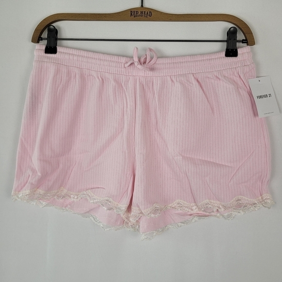 NWT Forever 21 Lingerie Pajama Shorts Pink with Lace Trim Tie Waist Choose Size - Picture 1 of 9